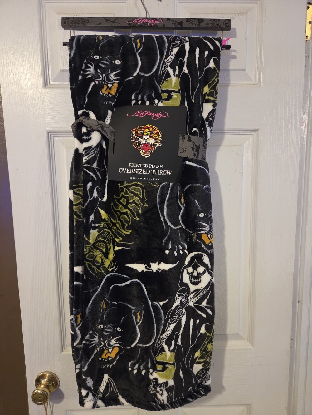 Ed Hardy NWT Grim Reeper & Panther Plush Throw